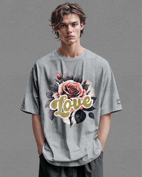 HYB 0014 Tshirt Oversize Grey2 Koszulka Gruba Premium <br>Róża Miłości- nadruk hybrydowy