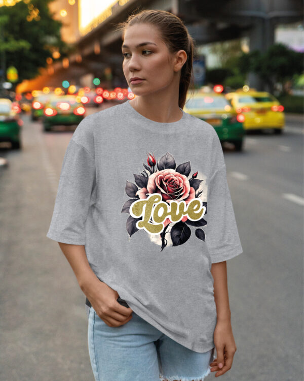 HYB 0014 Tshirt Oversize Grey3 Koszulka Gruba Premium <br>Róża Miłości- nadruk hybrydowy