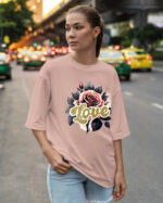 HYB 0014 Tshirt Oversize Pink3 Koszulka Gruba Premium <br>Róża Miłości- nadruk hybrydowy