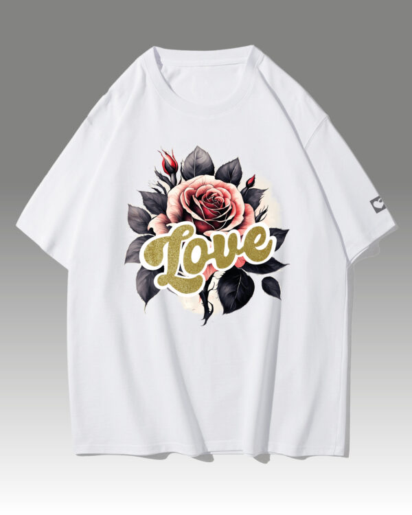 HYB 0014 Tshirt Oversize White Koszulka Gruba Premium <br>Róża Miłości- nadruk hybrydowy