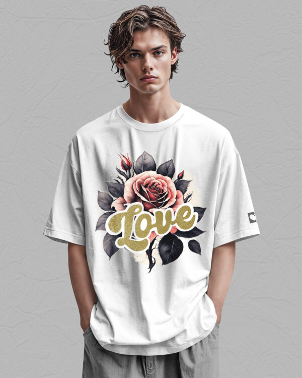 HYB 0014 Tshirt Oversize White2 Koszulka Gruba Premium <br>Róża Miłości- nadruk hybrydowy