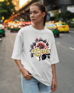 HYB 0014 Tshirt Oversize White3 Koszulka Gruba Premium <br>Róża Miłości- nadruk hybrydowy