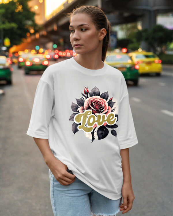 HYB 0014 Tshirt Oversize White3 Koszulka Gruba Premium <br>Róża Miłości- nadruk hybrydowy