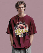 HYB 0014 Tshirt Oversize Wine2 Koszulka Gruba Premium <br>Róża Miłości- nadruk hybrydowy