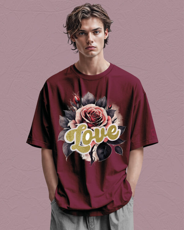 HYB 0014 Tshirt Oversize Wine2 Koszulka Gruba Premium <br>Róża Miłości- nadruk hybrydowy