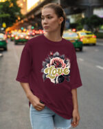 HYB 0014 Tshirt Oversize Wine3 Koszulka Gruba Premium <br>Róża Miłości- nadruk hybrydowy