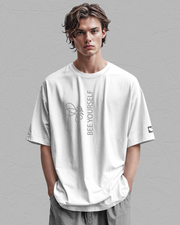 PLO 003GREY Tshirt Oversize White2 Koszulka Gruba Premium <br>Bee Yourself - nadruk z zamszu
