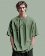 PLO 004KHAKI Tshirt Oversize Green Matcha2 Koszulka Gruba Premium <br>Be Cycle - nadruk z zamszu