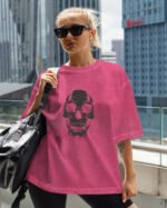 Koszulka oversize efekt sprania <br>nadruk silikonowy Czerwona Czaszka