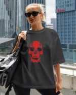 Koszulka oversize efekt sprania <br>nadruk silikonowy Czerwona Czaszka