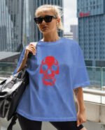 Koszulka oversize efekt sprania <br>nadruk silikonowy Czerwona Czaszka
