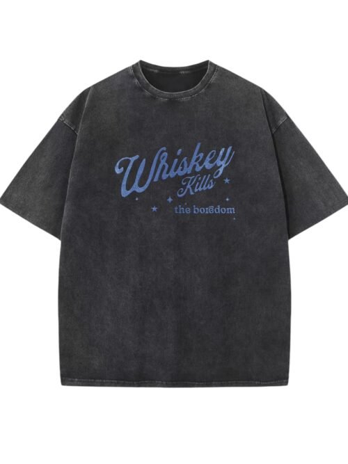 Koszulka oversize efekt sprania Nadruk brokatowy Whiskey
