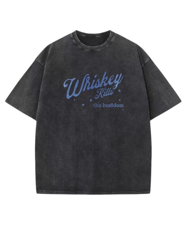 Koszulka oversize efekt sprania Nadruk brokatowy Whiskey