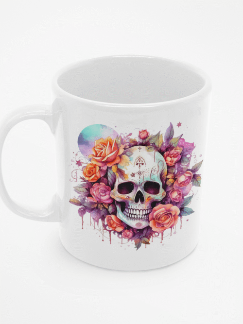 Kubek z czaszką i kwiatami kolorowy styl Día de los Muertos