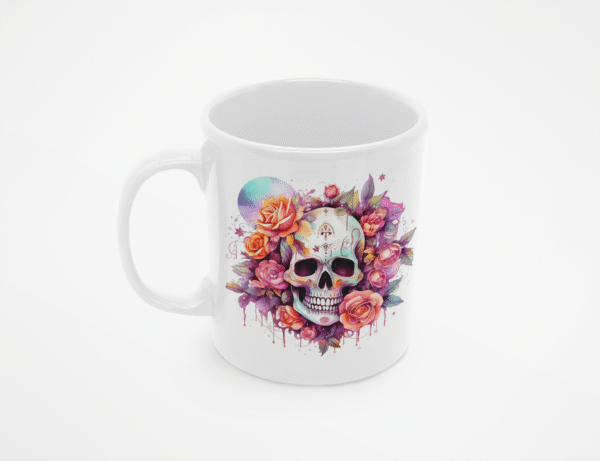 Kubek z czaszką i kwiatami kolorowy styl Día de los Muertos