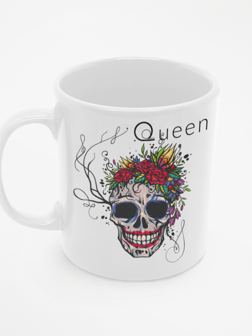 Kubek z nadrukiem Queen z czaszką i kwiatami