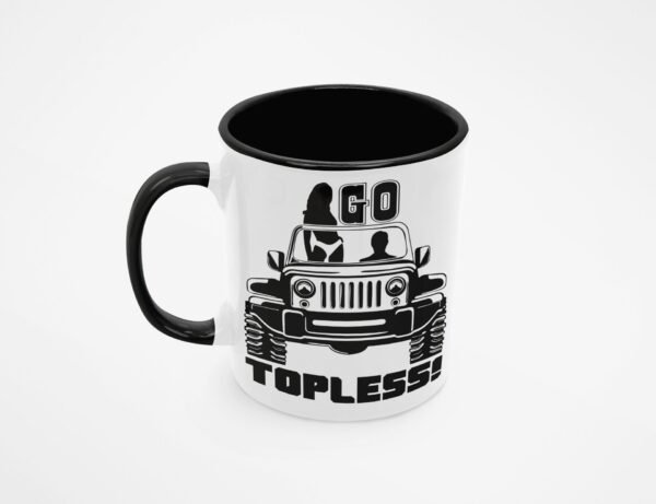 Kubek z napisem Go Topless i samochodem terenowym
