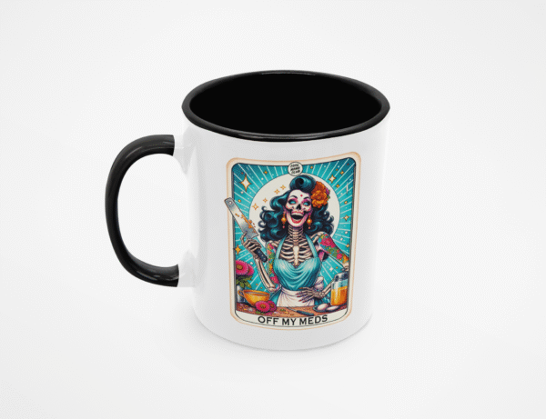 TL SUB MUG WHBK 0668 00 Kubek z napisem Off My Meds z czarnym humorem