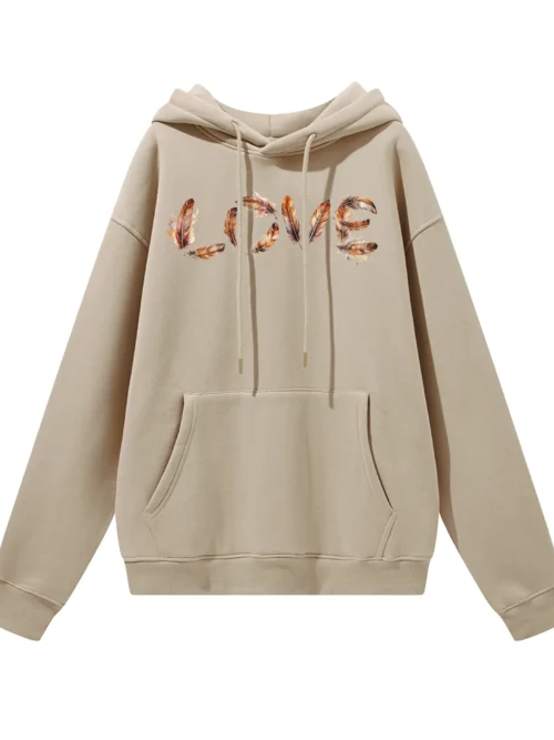 Bluza oversize z kapturem LOVE z motywem piór
