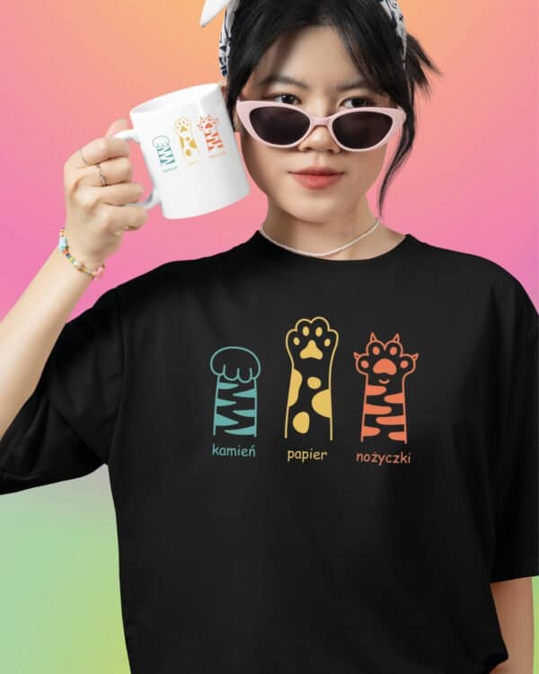 TLSET1091 Tshirt Mug2 Zestaw Koszulka i Kubek Kocie Łapki Kamień Papier Nożyczki
