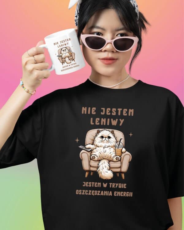 TLSET1271 Tshirt Mug2 Zestaw Koszulka i Kubek Nie jestem leniwy Śmieszny Zabawny