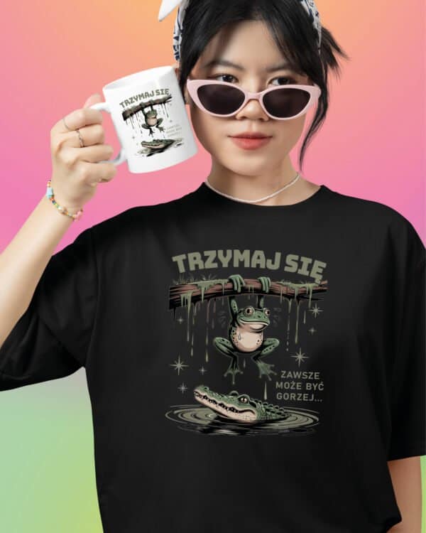 TLSET1276 Tshirt Mug2 Zestaw Koszulka i Kubek Trzymaj się z Żabą Zabawny Śmieszny