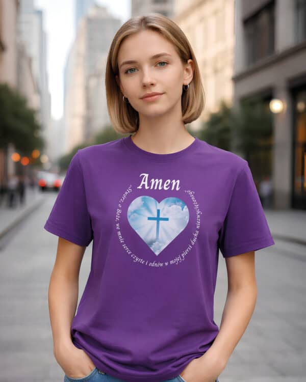 1730 (3) Koszulka Katolicka Amen z Krzyżem i Sercem