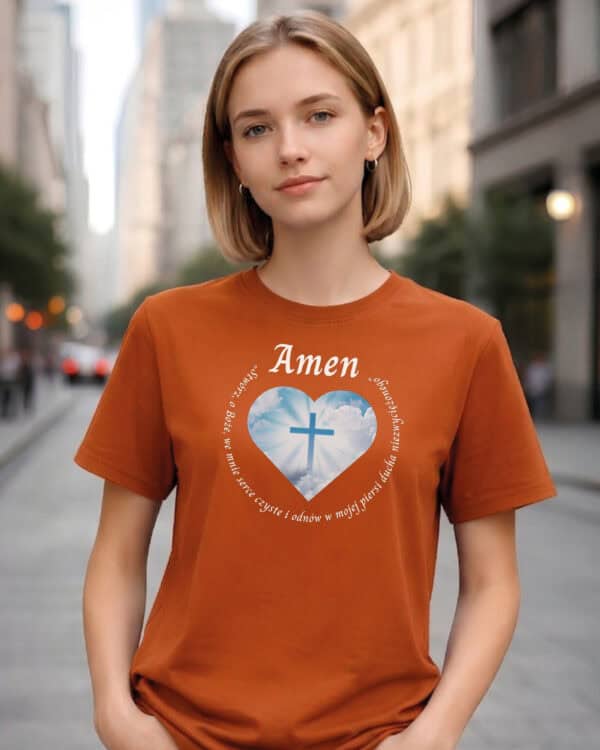 1730 (9) Koszulka Katolicka Amen z Krzyżem i Sercem